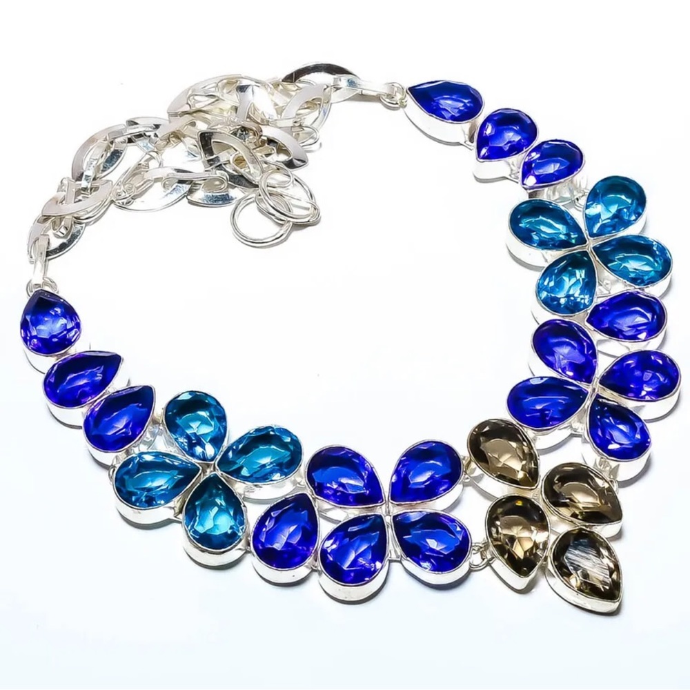 BLUE TOPAZ & SMOKY QUARTZ Simulated GEMSTONE HANDCRAFTED SILVER PLATED NECKLACE